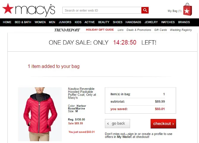 Macy's kosároldalon megjelenítés példa