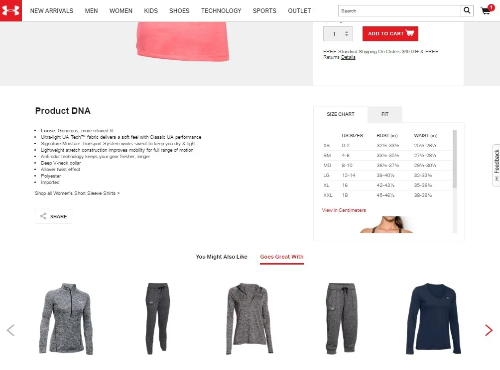 Cross-selling példa Under Armour webáruháztól