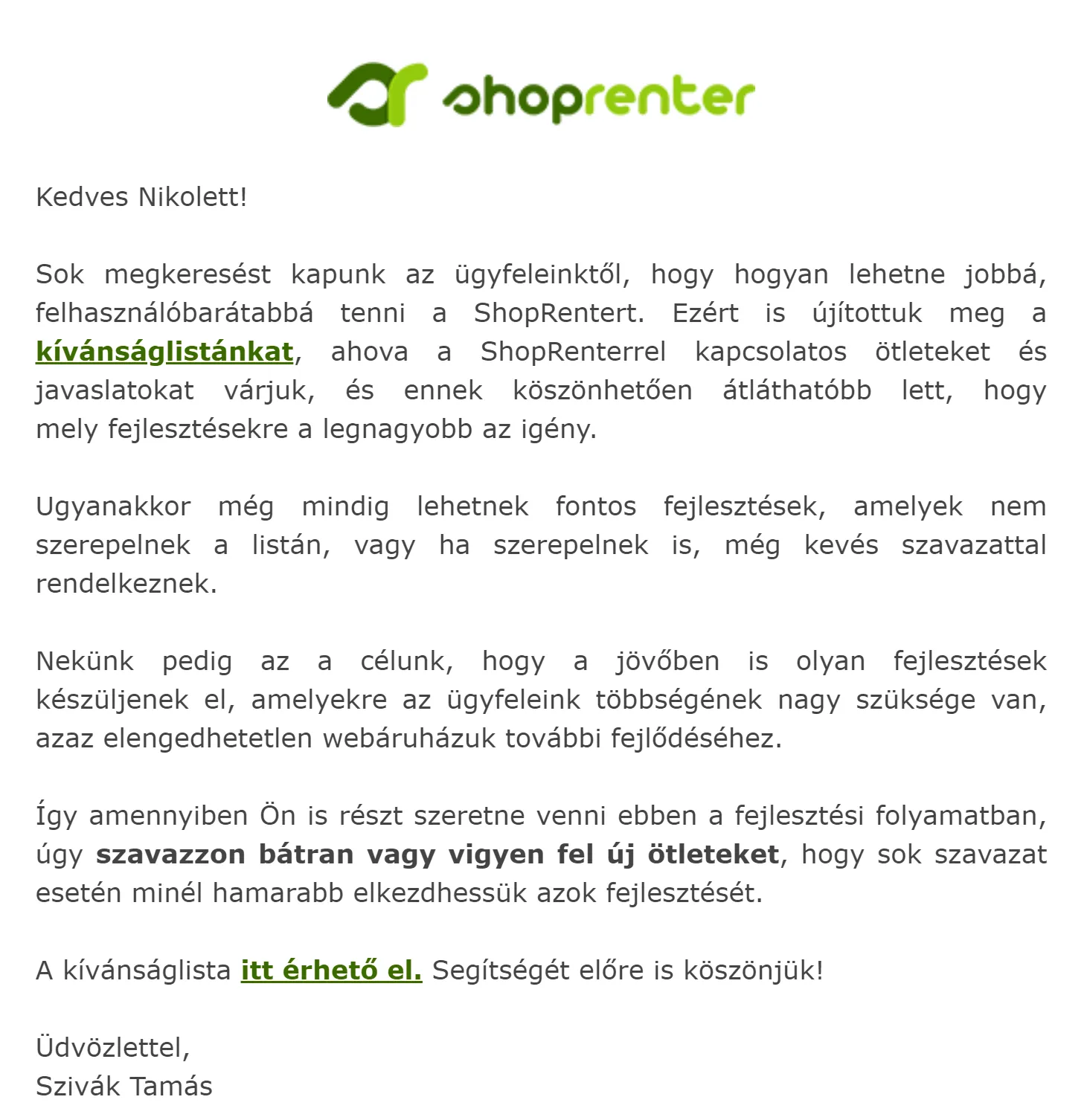 ShopRenter kívánságlista email
