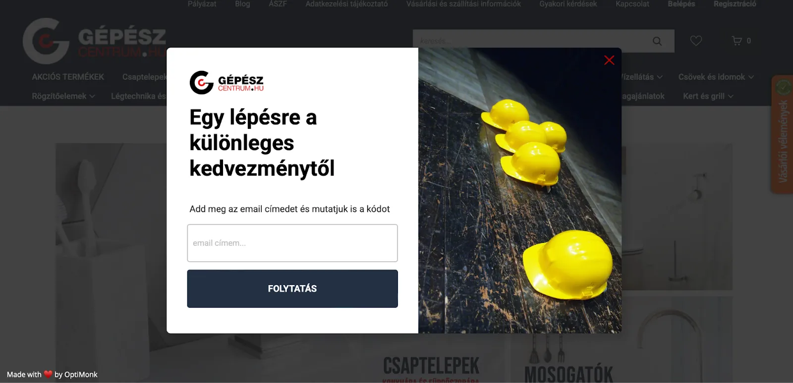 GépészCentrum popupjának második oldala