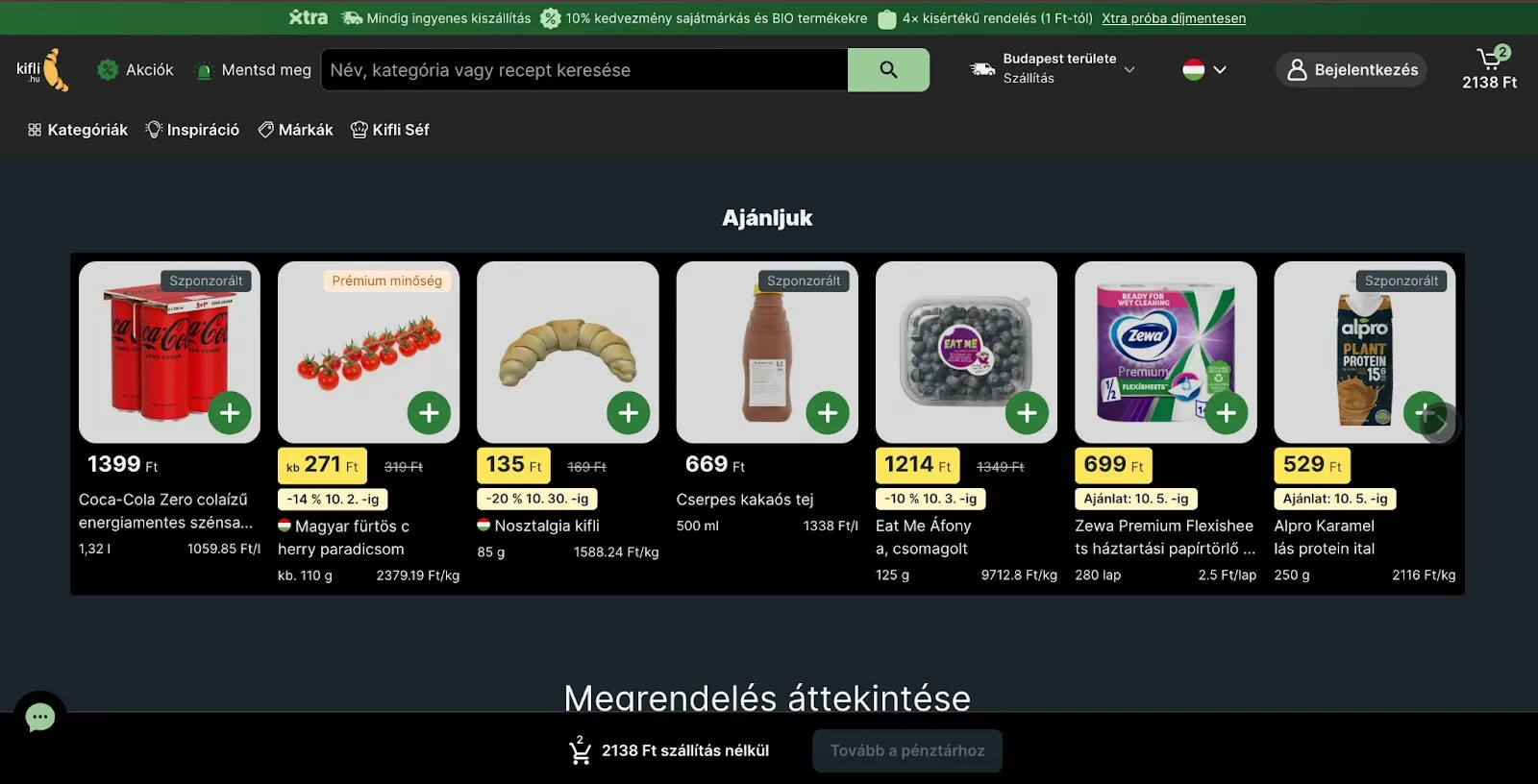 Kifli kosároldalon is ajánl további termékeket.
