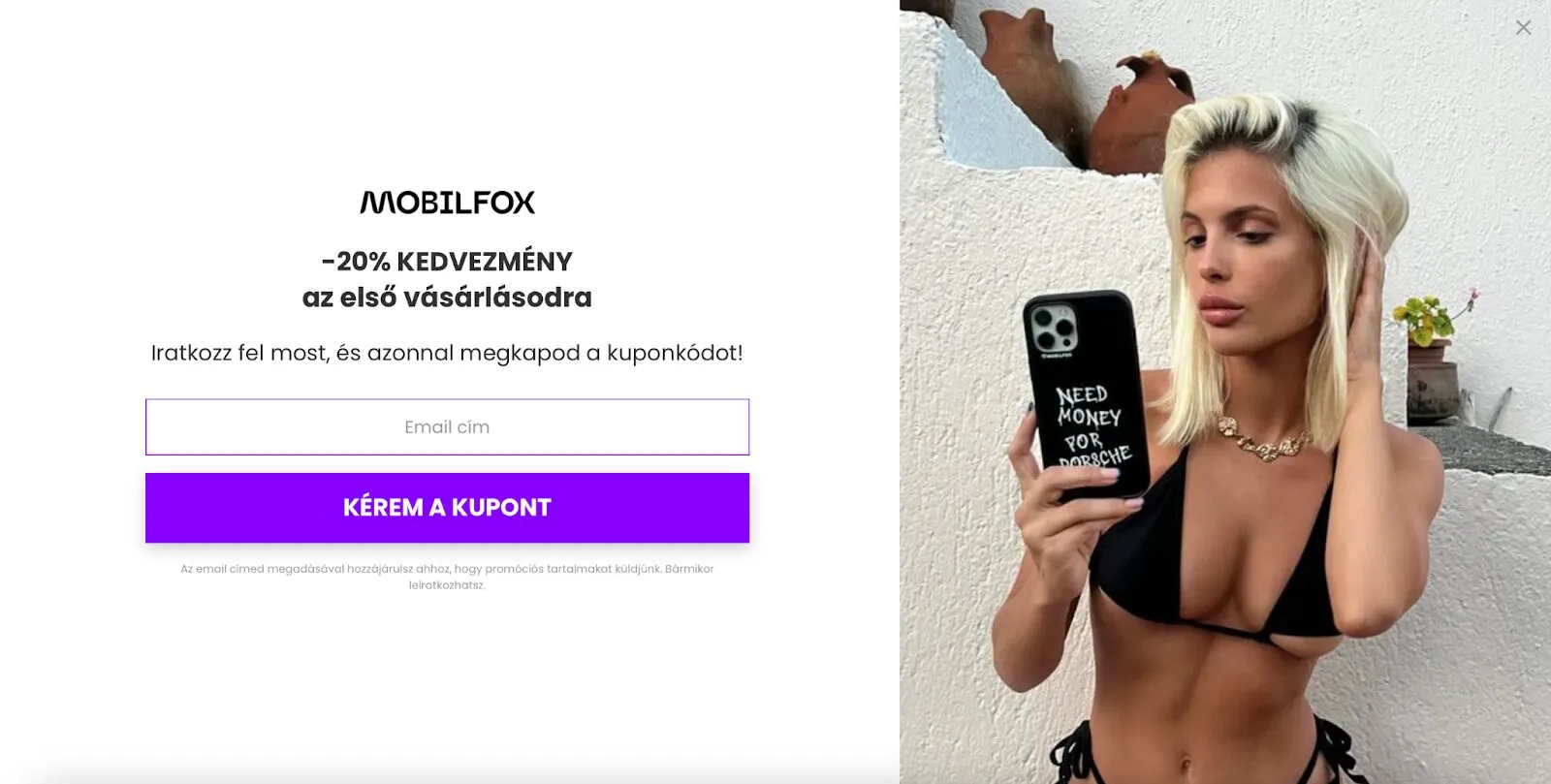 Mobilfox popupja e-mail címet kér