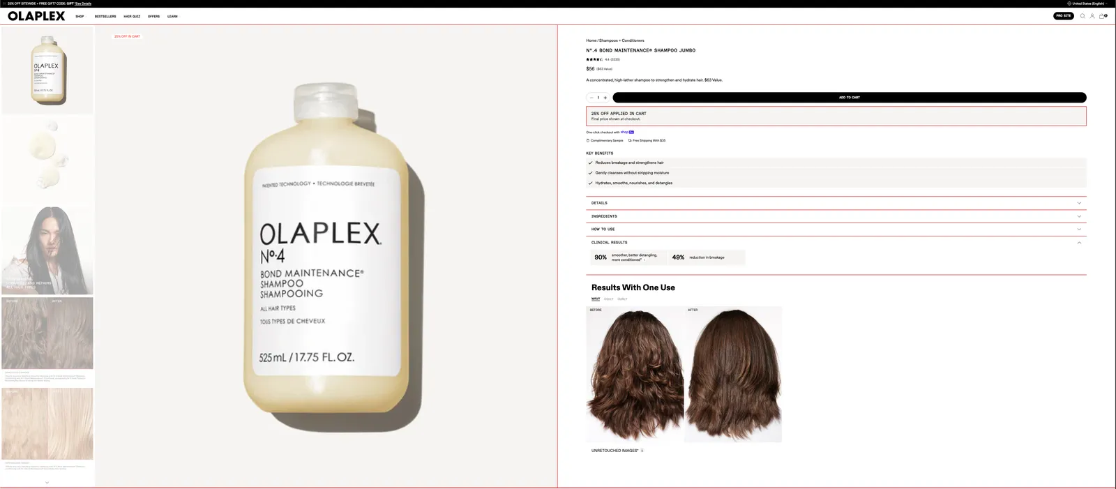 Az Olaplex termékoldala.
