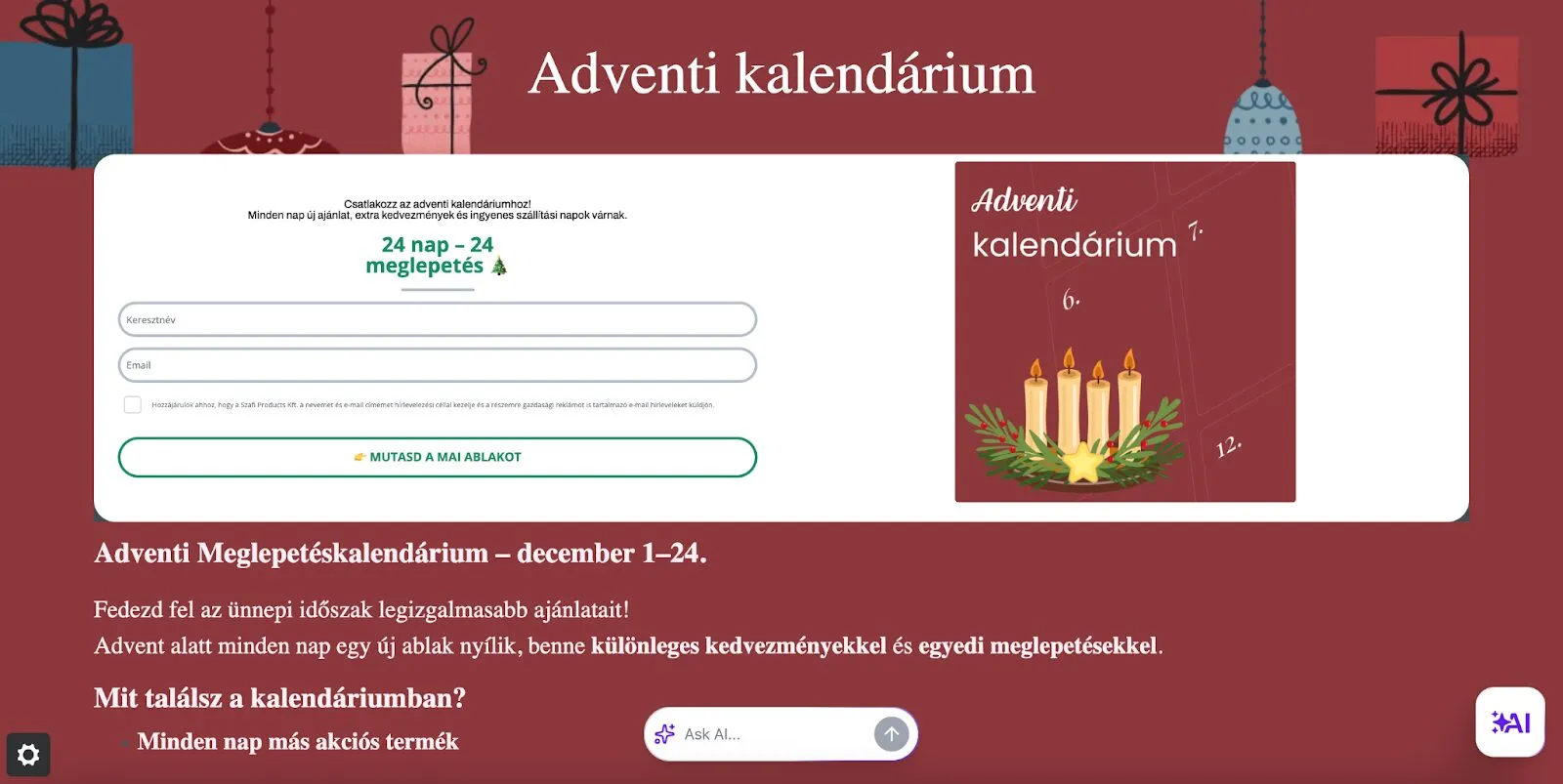 Adventi kalendárium a Szafitól