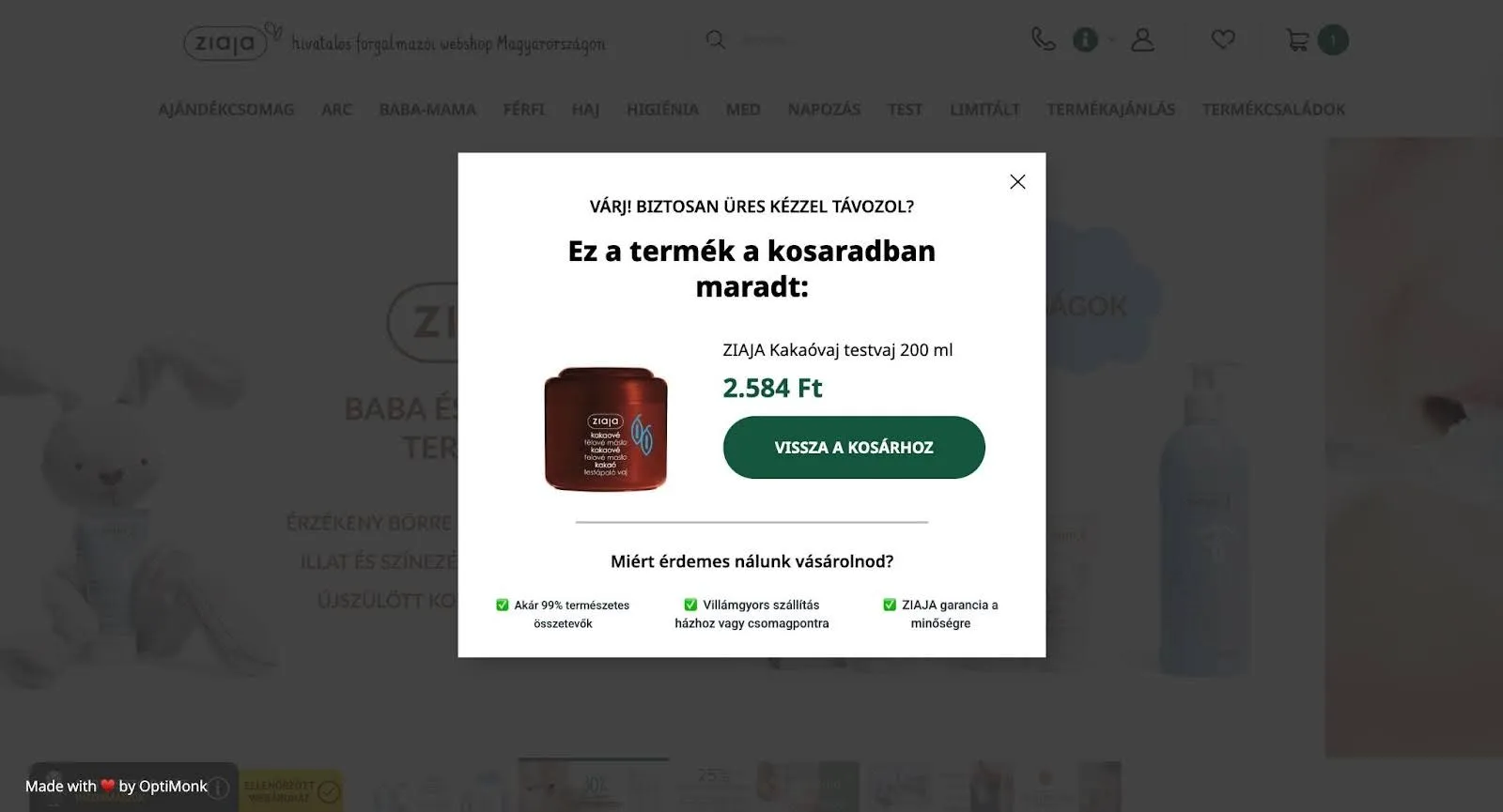 Ziaja kosárelhagyás csökkentésére bevezetett popupja
