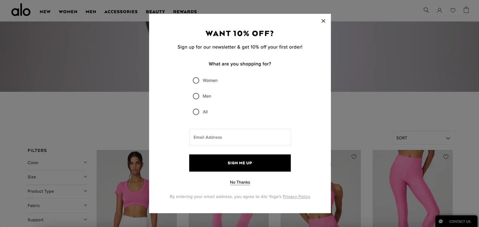 Alo Yoga weboldal pop-up példa