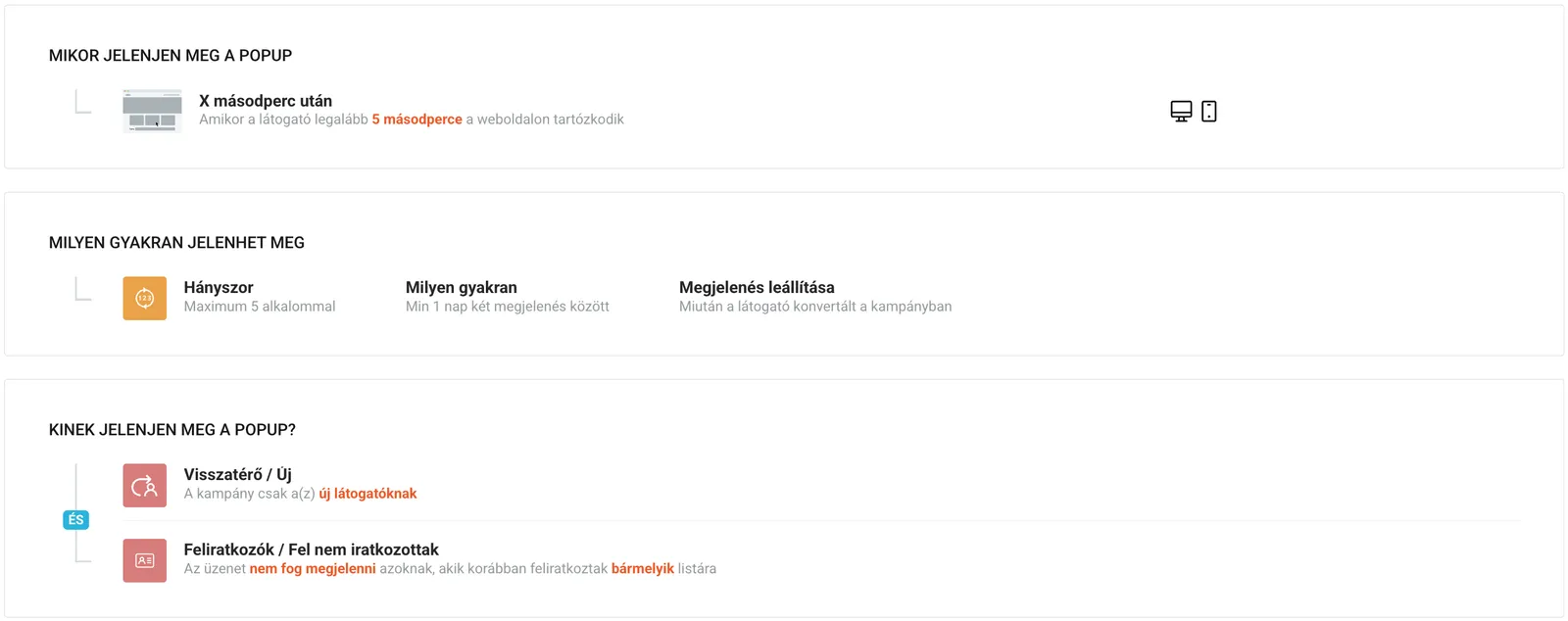 OptiMonk popup beállítások