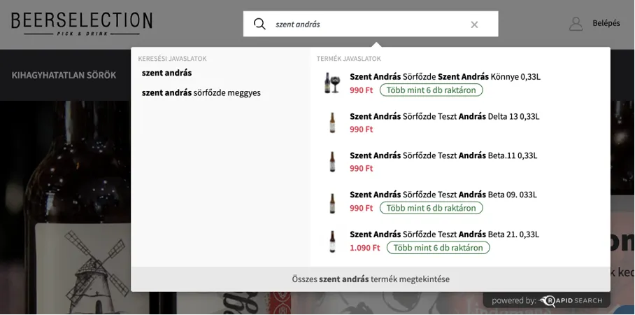 Beerselection webáruház keresőmező