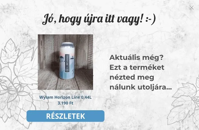 A weboldalra érkezést követően megjelenő üdvözlő popup azon visszatérő látogatóknak, akiknek üres a kosara.