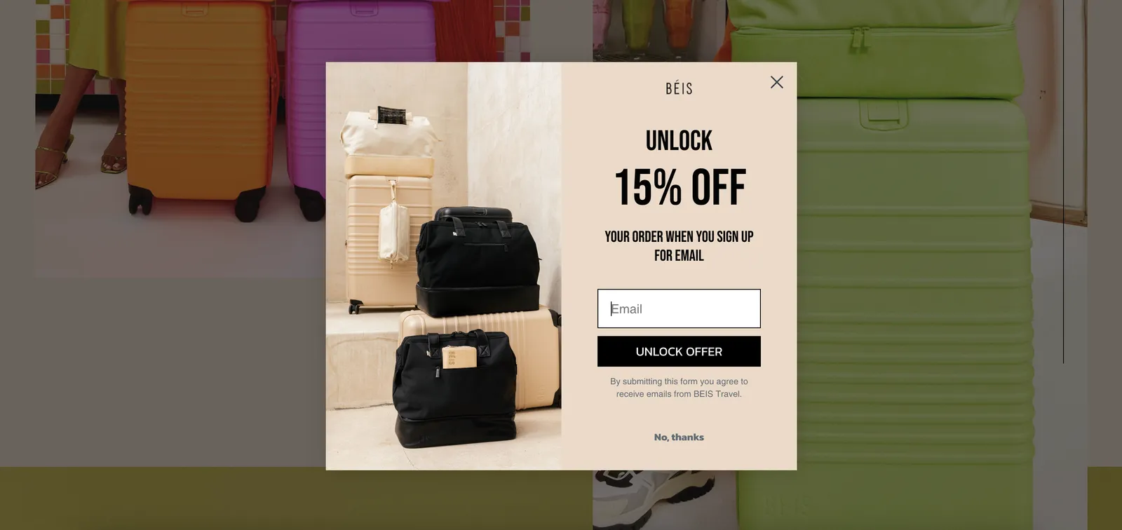 Beis Travel weboldal popup példa