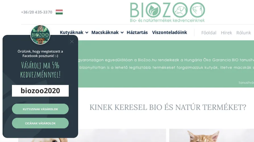 Sidemessage a Facebookról érkező látogatóknak, mely 5 másodperc után jelenik meg.