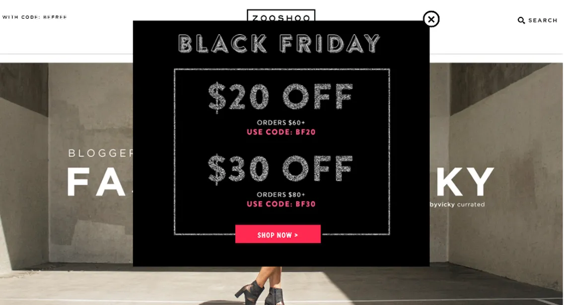 ZooShoo Black Friday popup with tiered discount
