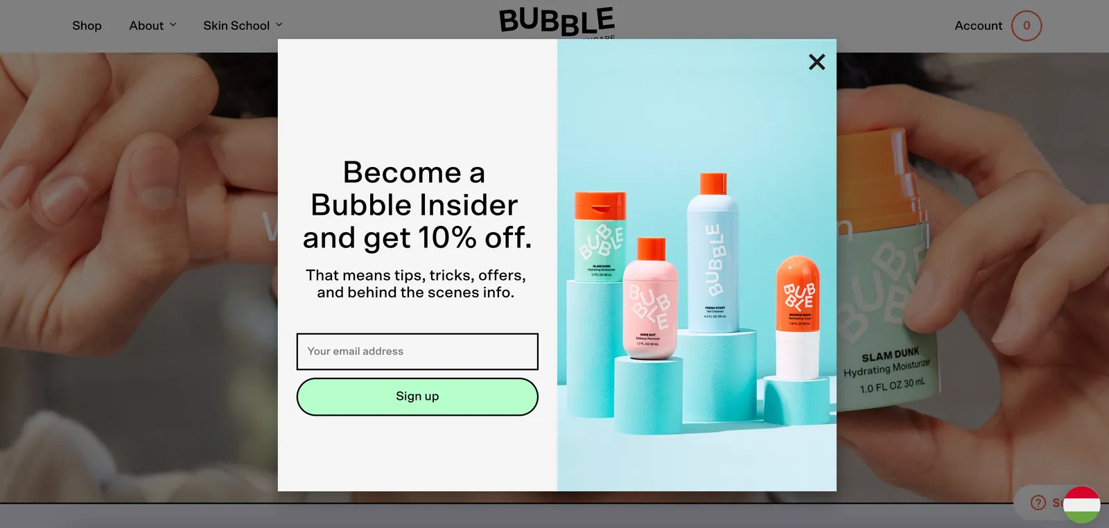Bubble Skincare weboldal pop-up példa