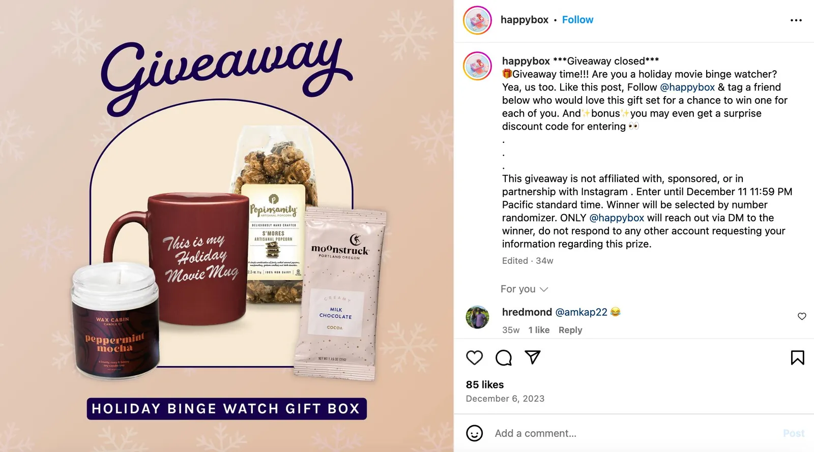 Happy Box Christmas giveaway on Instagram