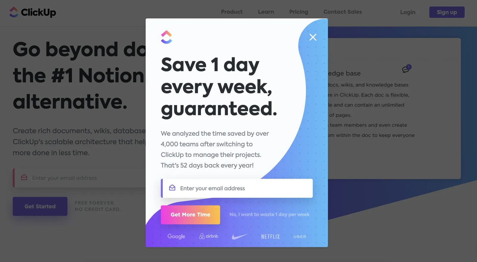 Clickup weboldal popup példa
