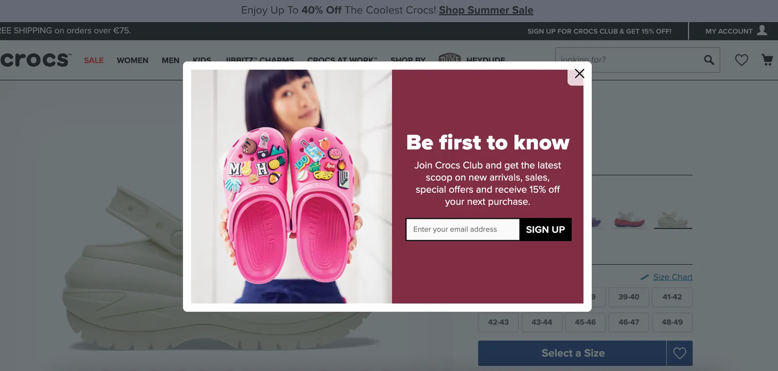 Crocs weboldal popup példa