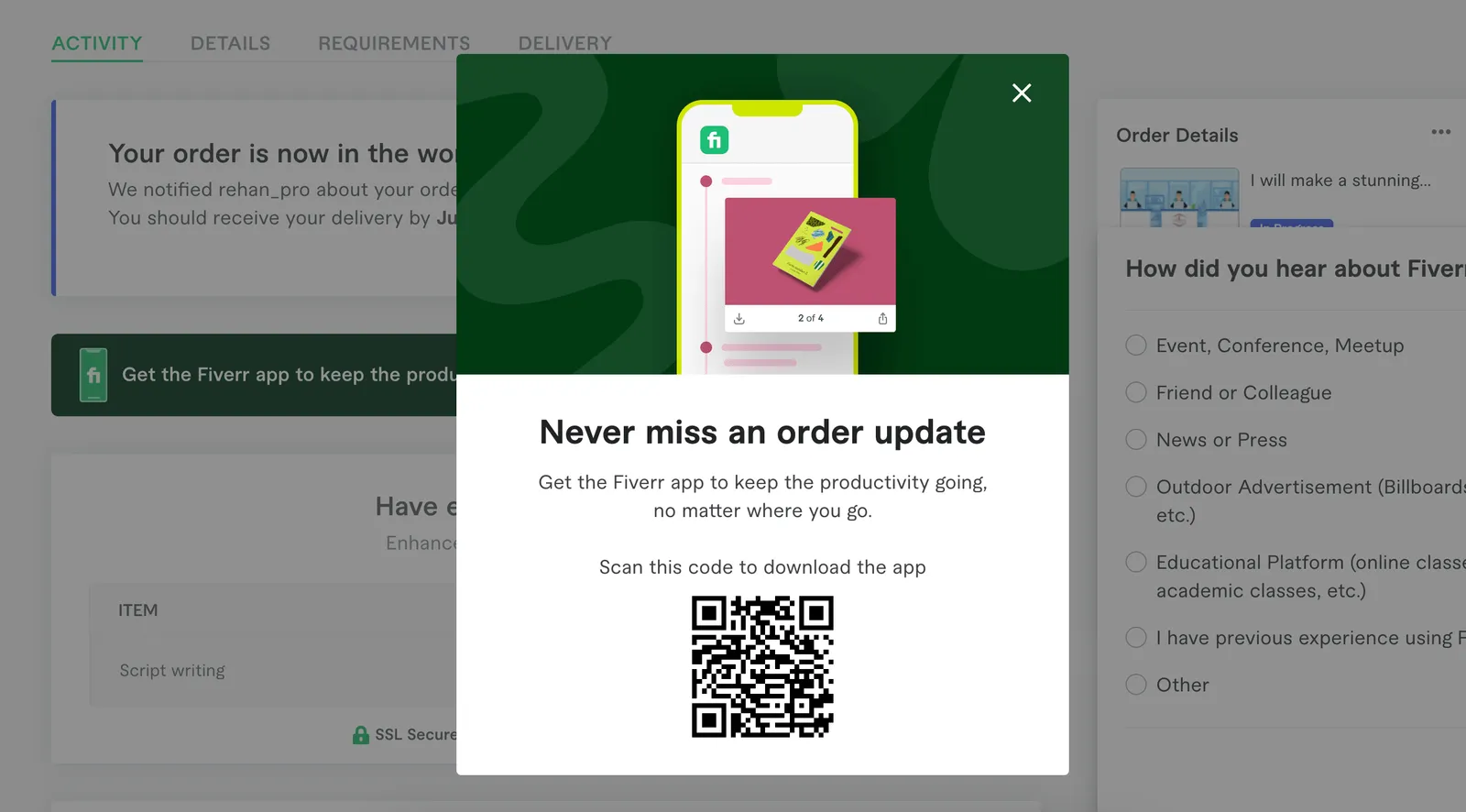 Fiverr weboldal popup példa
