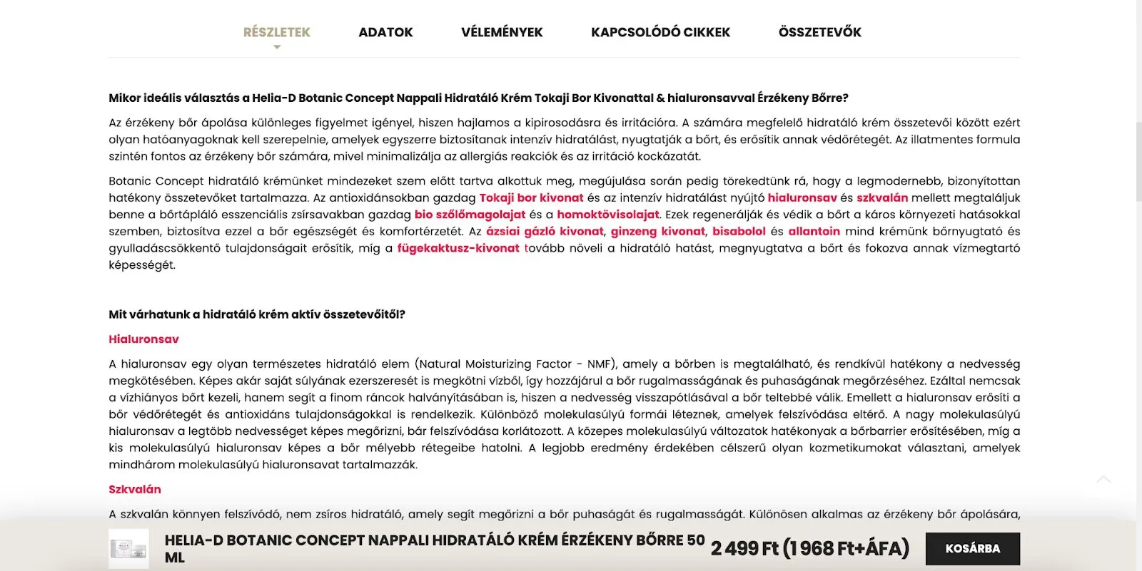 Helia-D részletes leírást ad a termékekhez