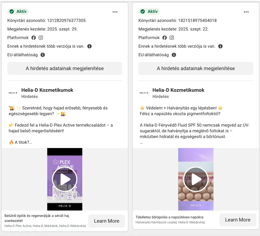 A Helia-D Facebook hirdetései