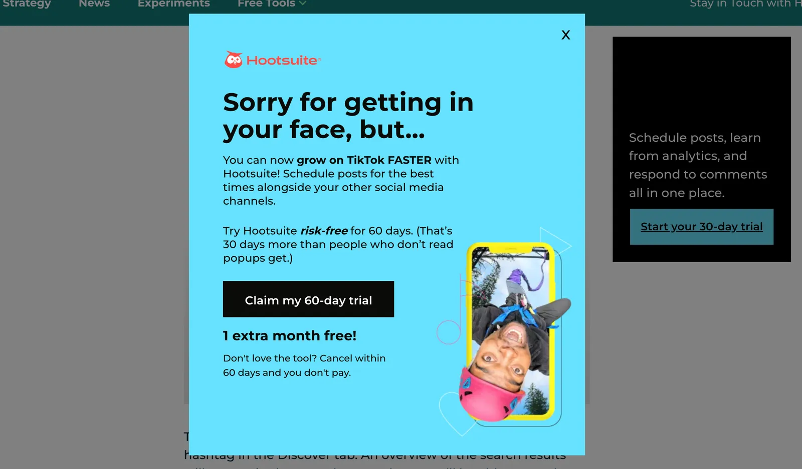 Hootsuite weboldal popup példa