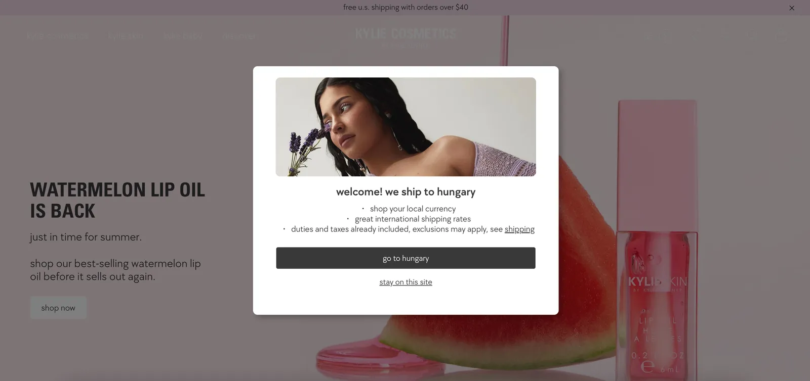 Kylie Cosmetics weboldal popup példa