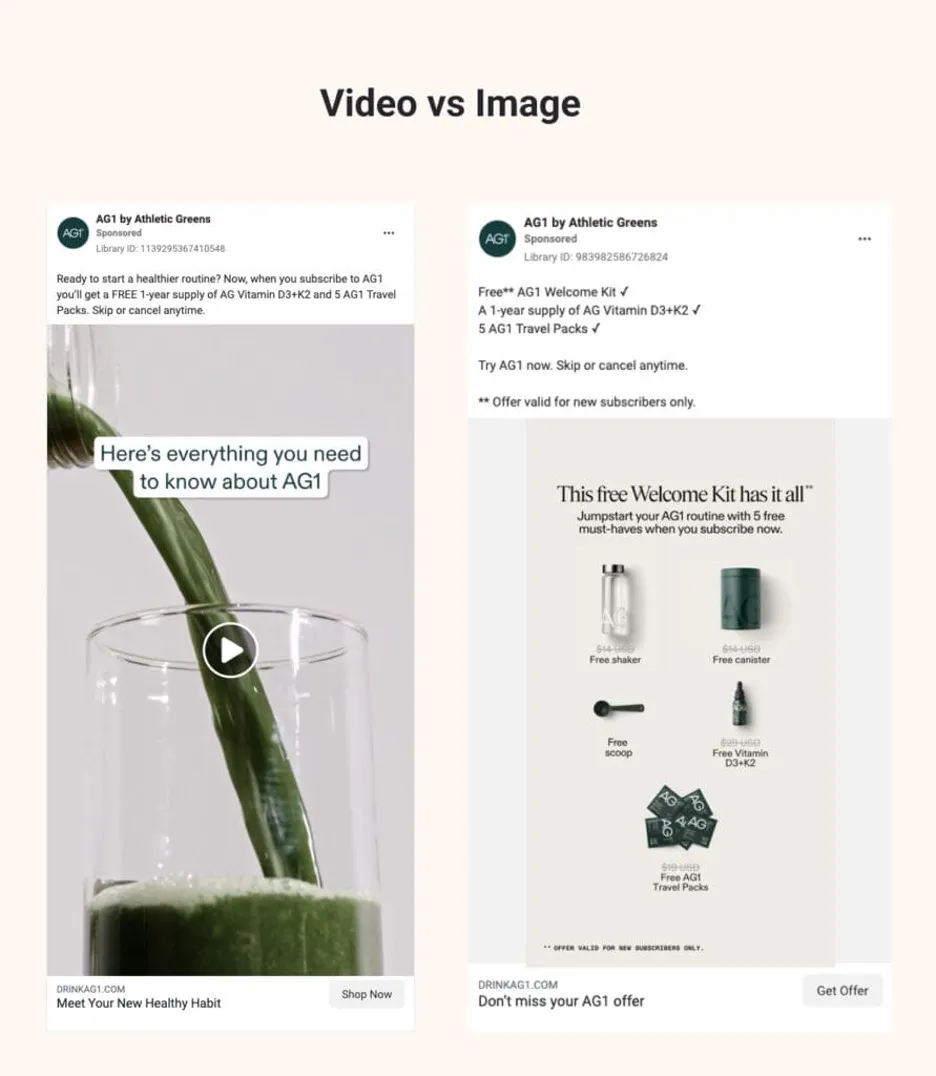 AG1 experimenting with different ad formats such as videos and images