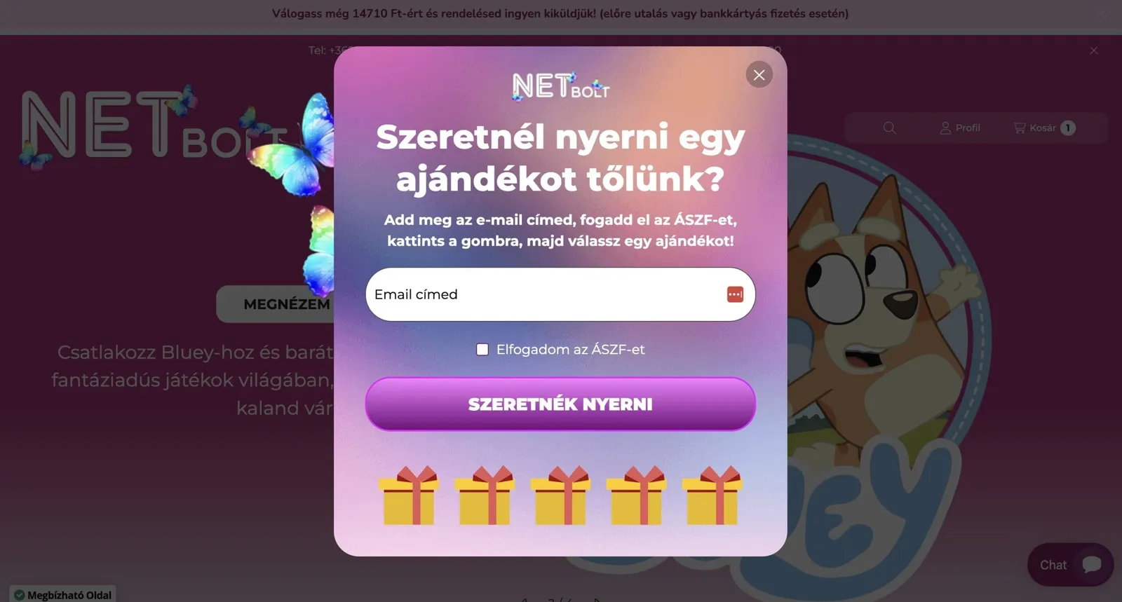 NETbolt gamifikációs popupja.
