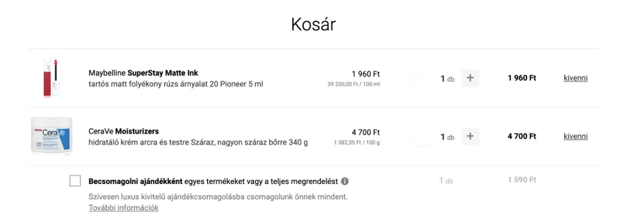 Notino ajándékcsomagolás checkbox