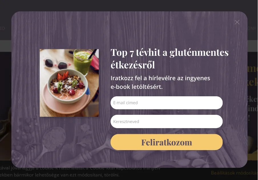Ingyenes e-bookot hirdető popup, mely kilépési szándékra jelent meg azoknak a látogaknak, akik még nem tettek semmit a kosarukba.