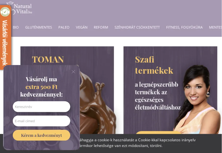 Kedvezményt kínáló sidemessage, mely 15 másodperc után jelent meg azoknak a látogatóknak, akik még nem vásároltak korábban, a virtuális kosaruk üres, de már legalább 3 oldalt megtekintettek.