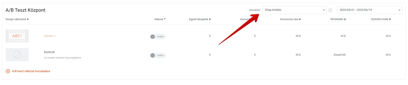OptiMonk A/B teszt beállítás