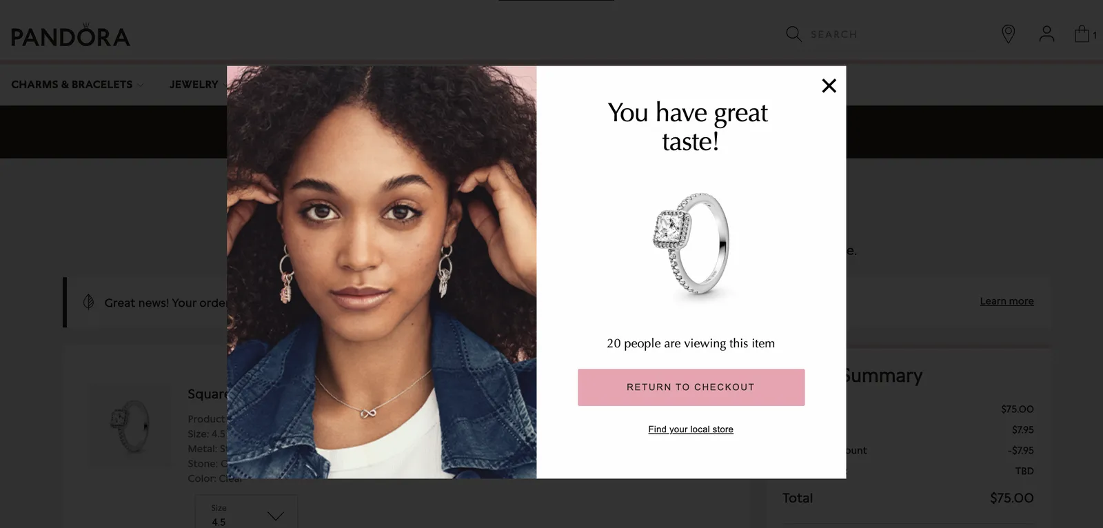 Pandora weboldal popup példa