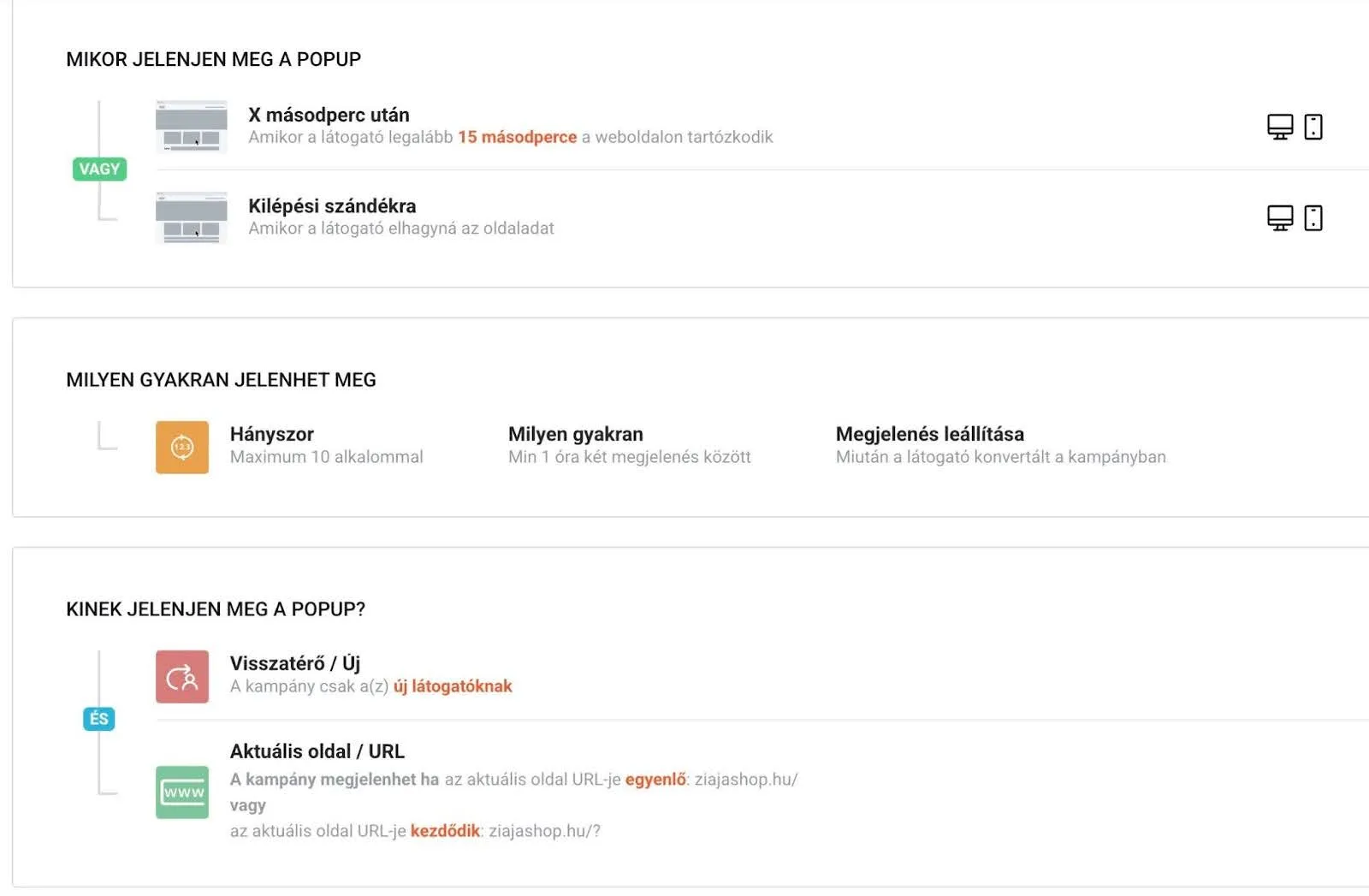 Ziaja listaépítő popupjának beállításai