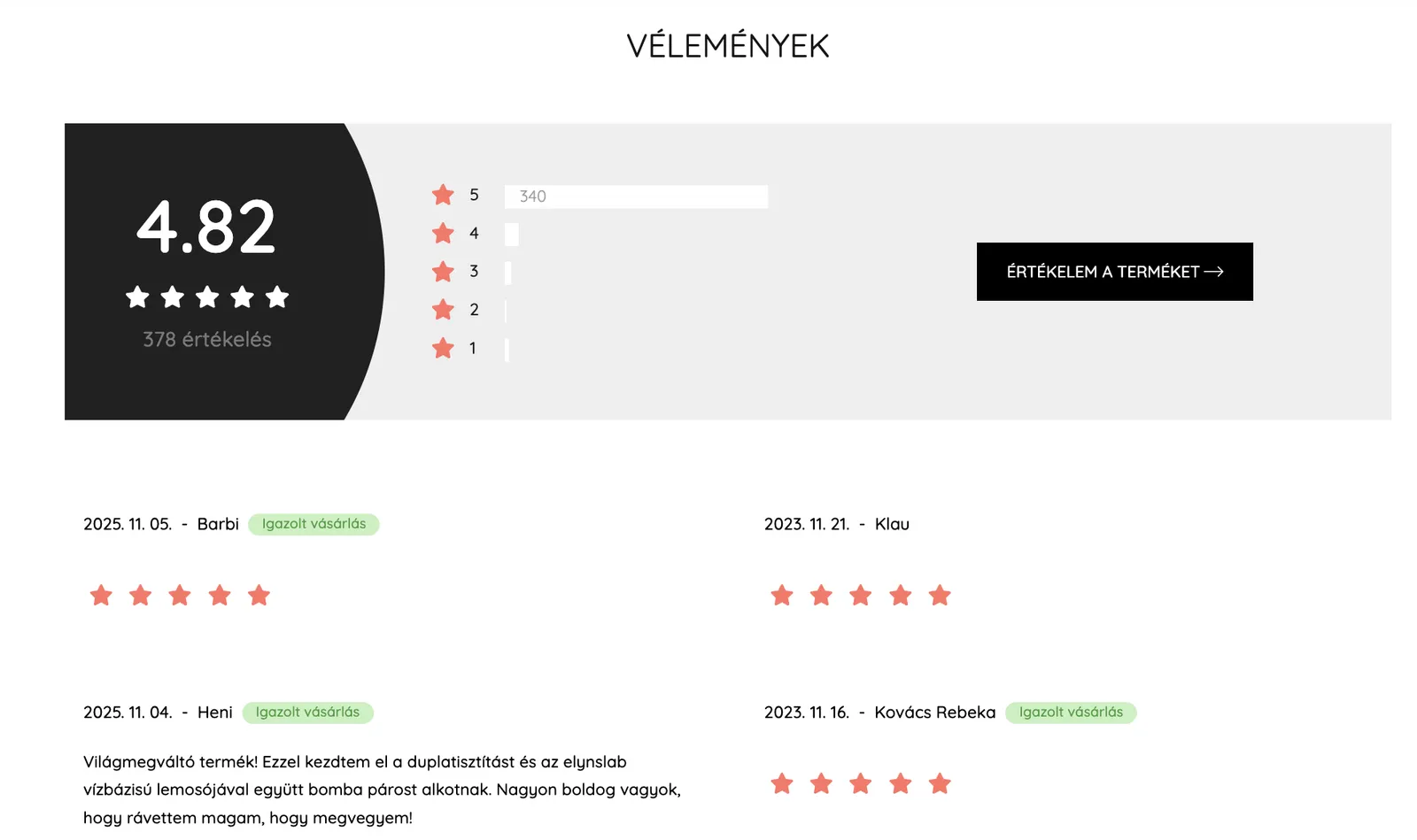 Vélemények a termékoldalon